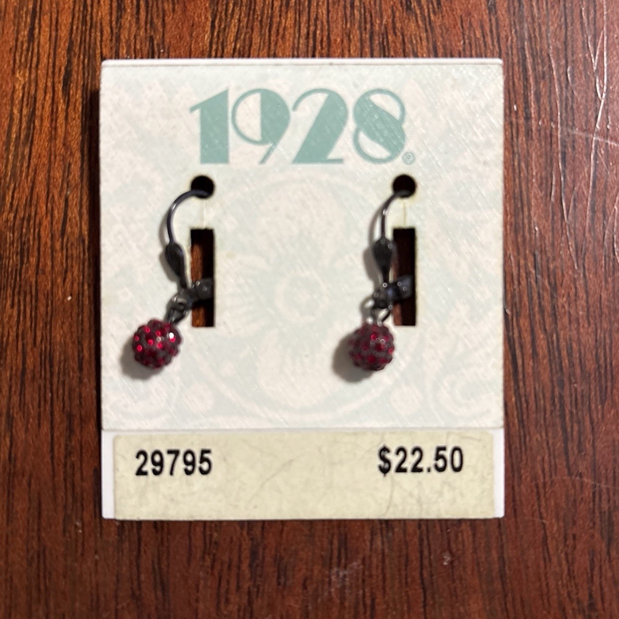 1928 Earrings Dark Metal Dark Red Rhinestone Balls Dangle NWT