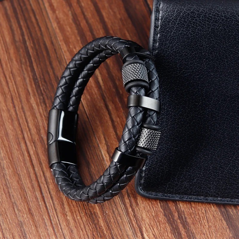 Braid Rope Bracelet Stainless Magnetic Buckle Genuine Leather Bangle Jewelry