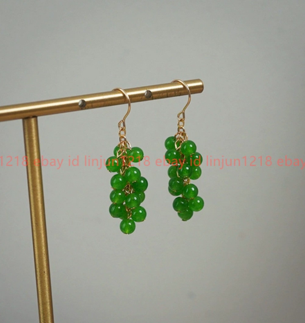 Fashion Natural 6mm Green Jade Gemstone Beads Grape Dangle Hook Earrings