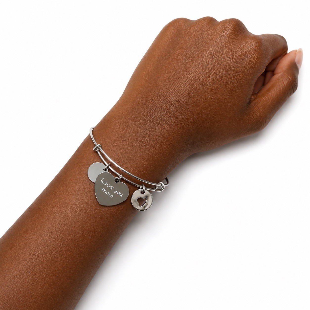 Love You More Silver Charm Bangle Bracelet for Women Heart Jewelry Gift