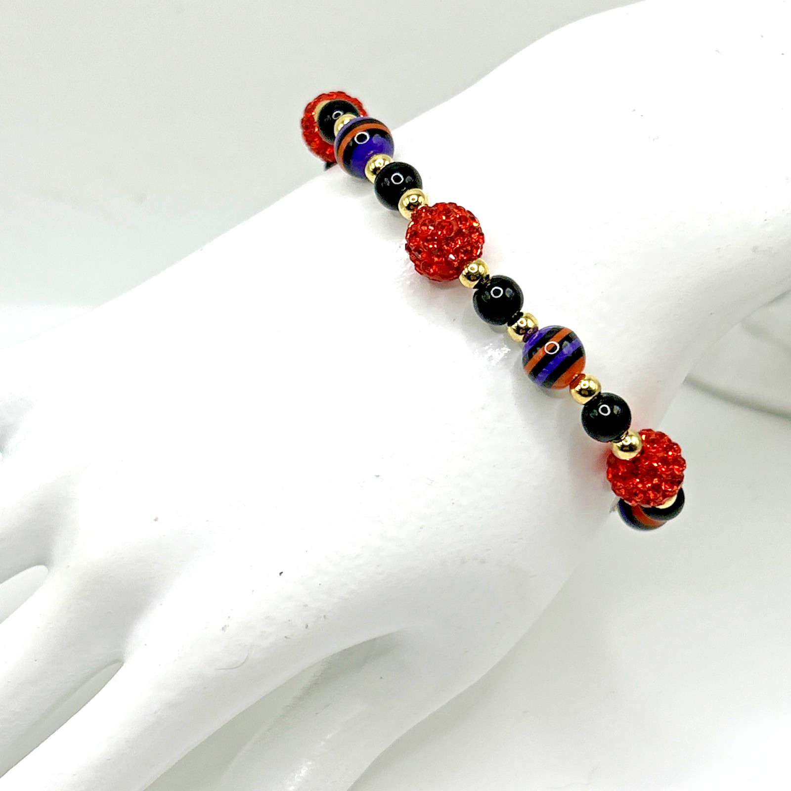Halloween Black Cat Charm Beaded Stretch Bracelet- 7.25″ w Orange Rhinestones