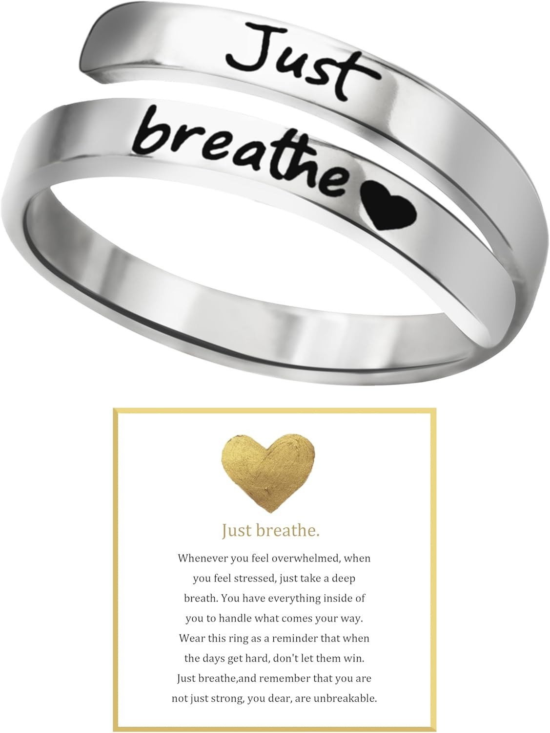 Just Breathe Ring for Women Adjustable Heart Ring Stainless Steel Spi…
