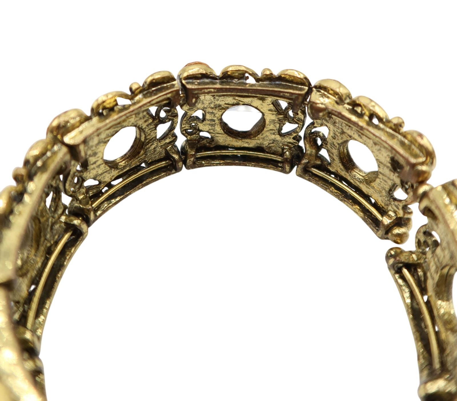 Gold Tone Bracelet With Red Faceted & Aurora Borealis Rhinestones
