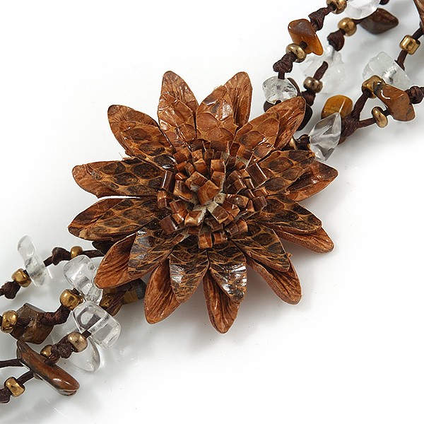 Handmade Leather Flower Semiprecious Bead Cotton Cord Bracelet (Brown/