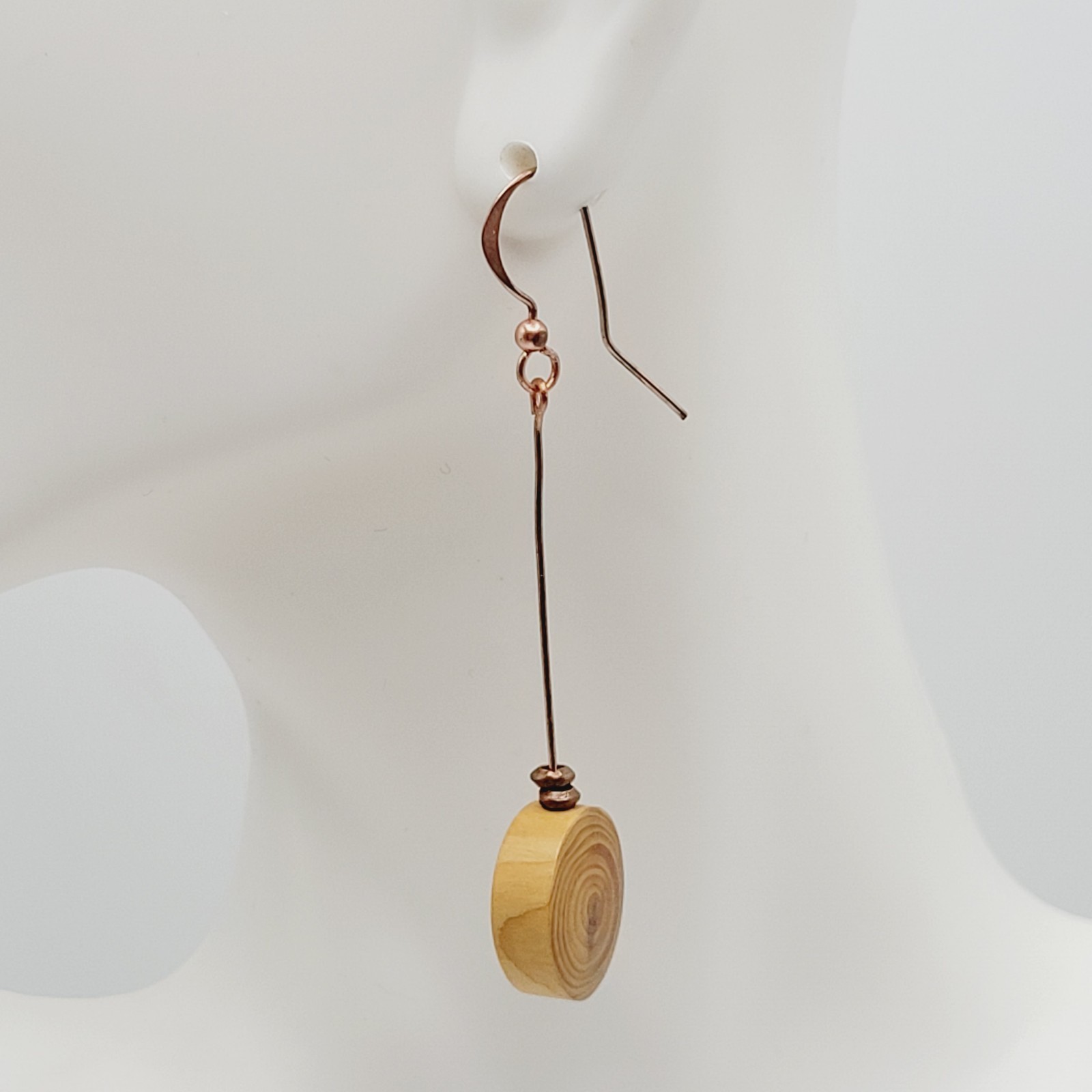 Artisan Handcrafted Round Wood Slice Drop Earrings Long Copper Wire Tree Ring