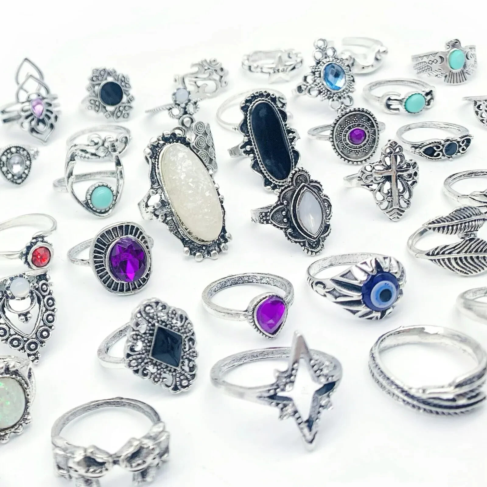 50pcs/Lot Bohemian Antique Silver Vintage Rings Mix Women Stone Retro Charms