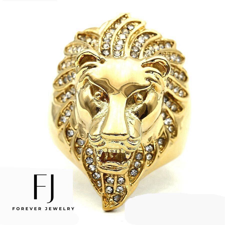 Men’s Stainless Steel,CZ Icy Bling Ring,LION.Head.8-13 Gold plated*Box