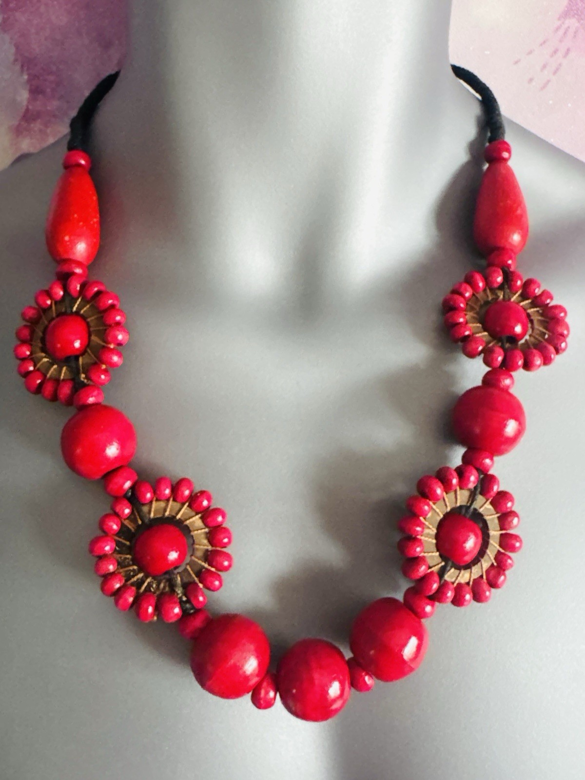 Avalaya Ethnic Red Wood Bead Black Cord Necklace