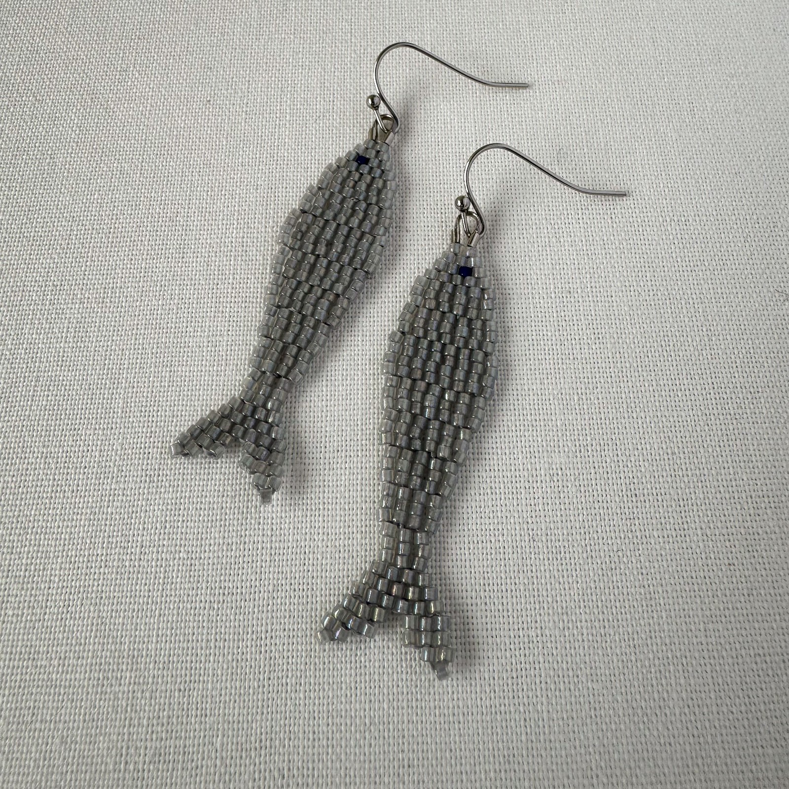 Sardine Earrings, Handmade Beaded Fish Earrings, Coastal Seed Bead Jewelry Gift