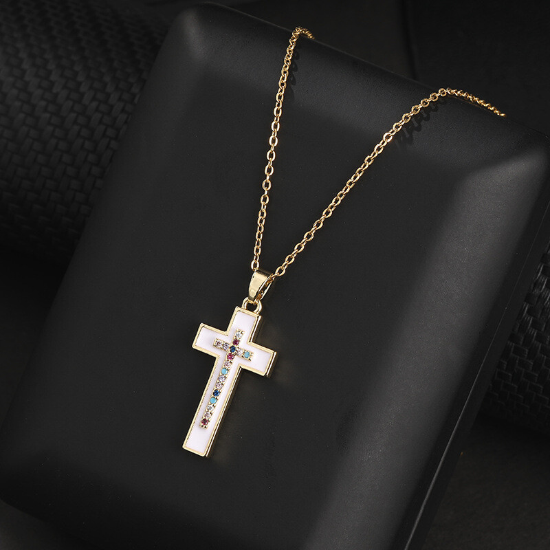 Fashion Cross Religious Necklace and Pendant White Blue Pink Oil Drop Woman Gift