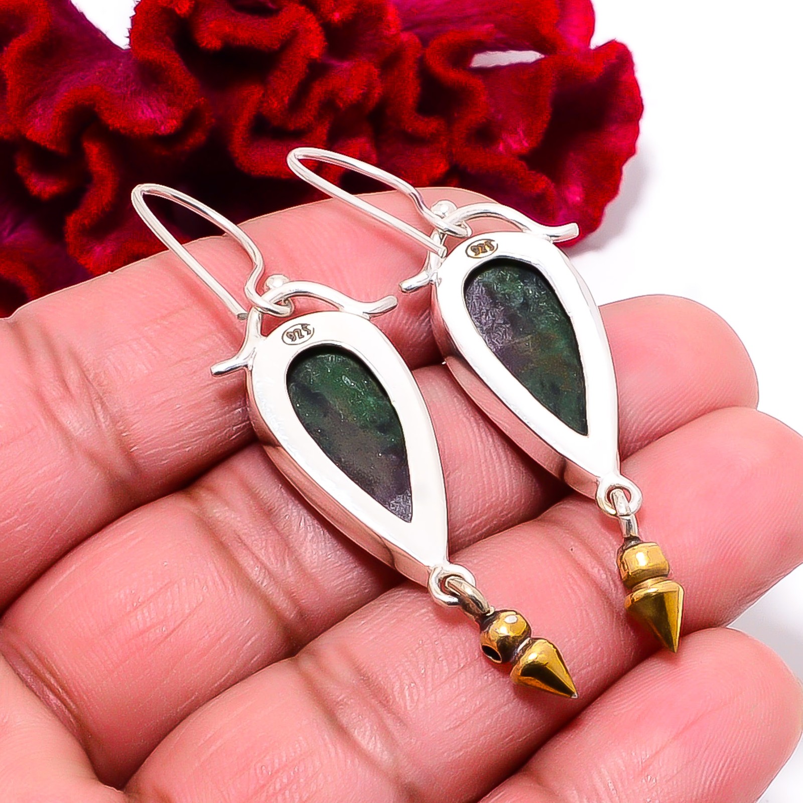 Ruby With Zoisite – Tanzania 925 Silver Two Tone Arrow Head Earring 2.18″ E94916