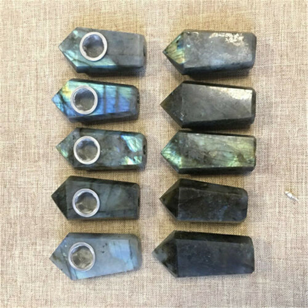 Natural Labradorite Rough Quartz Crystal Point Smoking Pipe Healing Stone Wand