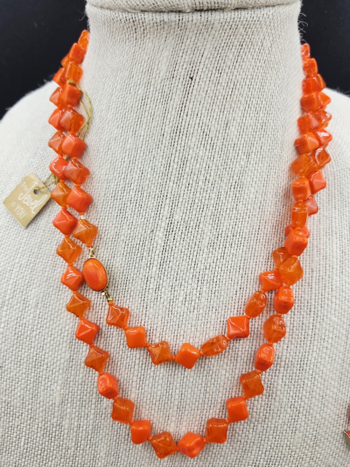 Necklace Set Orange Beaded New 40″ W Bicone Beads Clip On Earr & Bracelet 0252