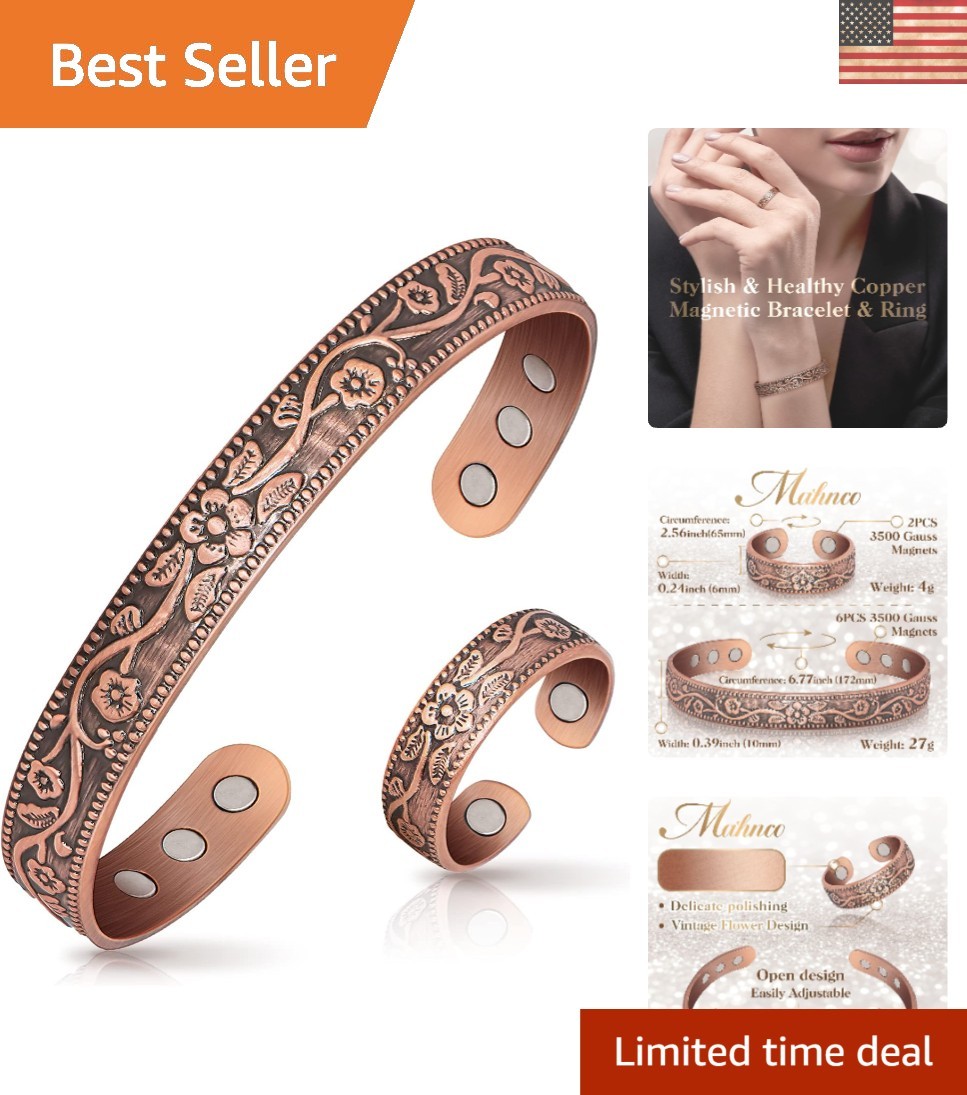 Elegant Lymphatic Drainage Ring & Copper Bracelet Duo – 100% Pure Copper Jewelry