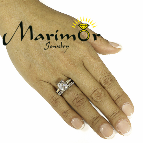 4.45 Ct Emerald Cut Zirconia Stainless Steel Engagement Wedding Ring Set Sz 5-10