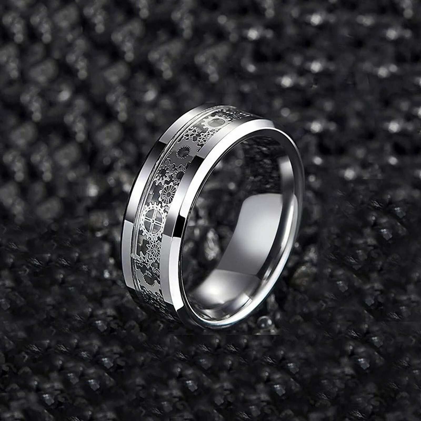 Mechanical Gear Ring Black Silver Stainless Steel Steampunk Wedding Band