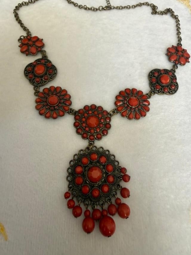 Orange Faux Coral Filigree Boho Statement Necklace 23″ + 3″ Extender