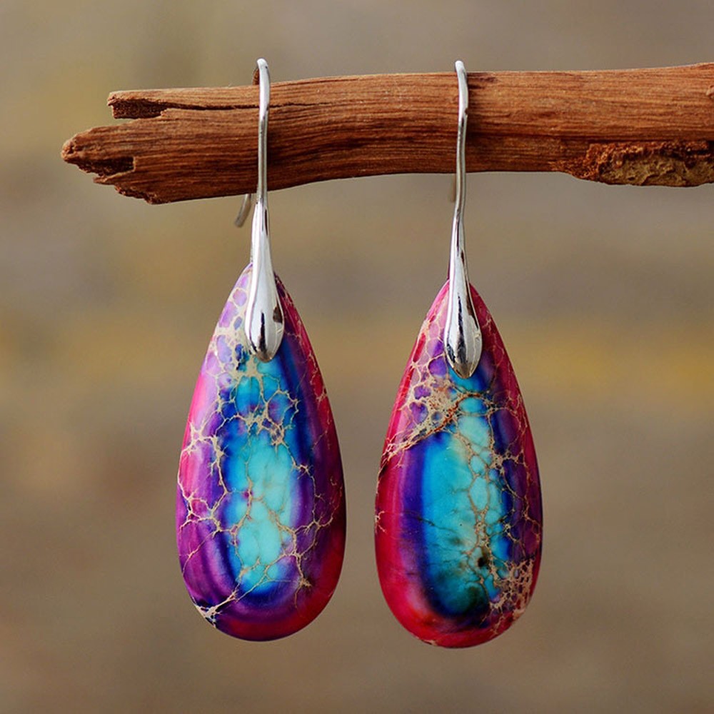 Drop Earring Natural Imperial Jasper Stone Teardrop Dangle Earrings Silver Hook