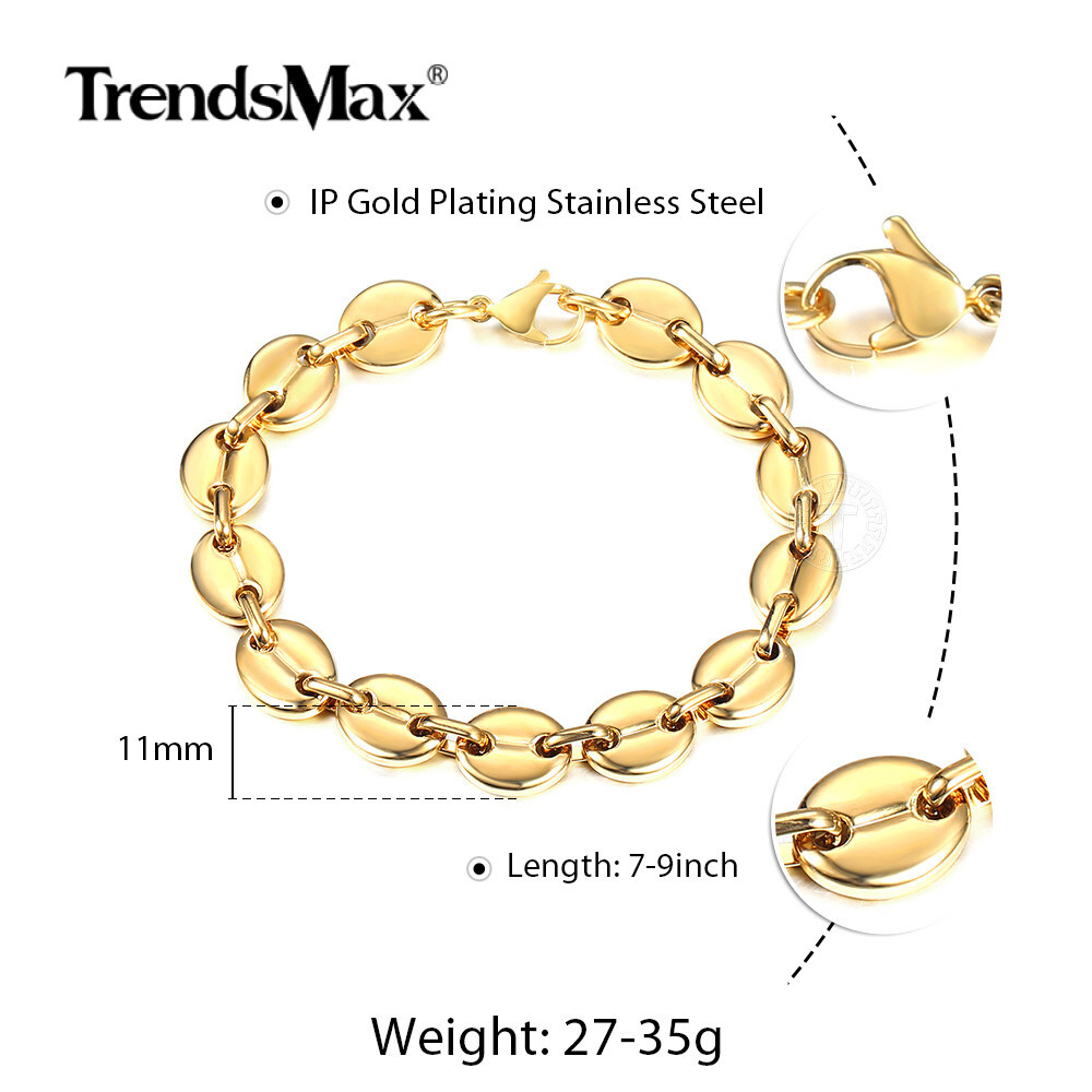 7/9/11mm For Unisex Chain Gold Plated Stainless Steel Marina Link Bracelet 7-9″