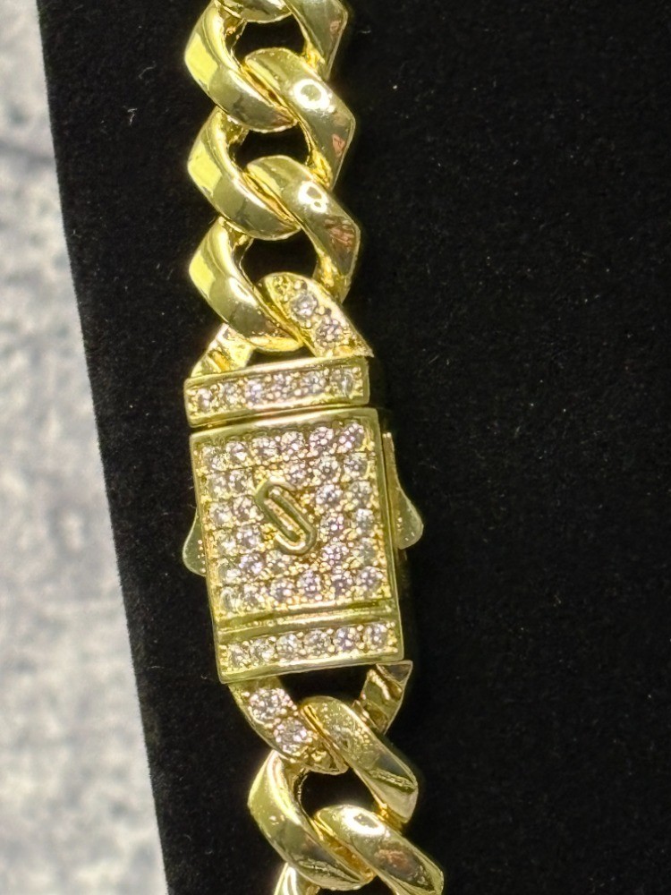 14K Gold Filled Cuban Link Monaco Chain 20″ 12mm & Bracelet 8″ Iced Box Lock Men