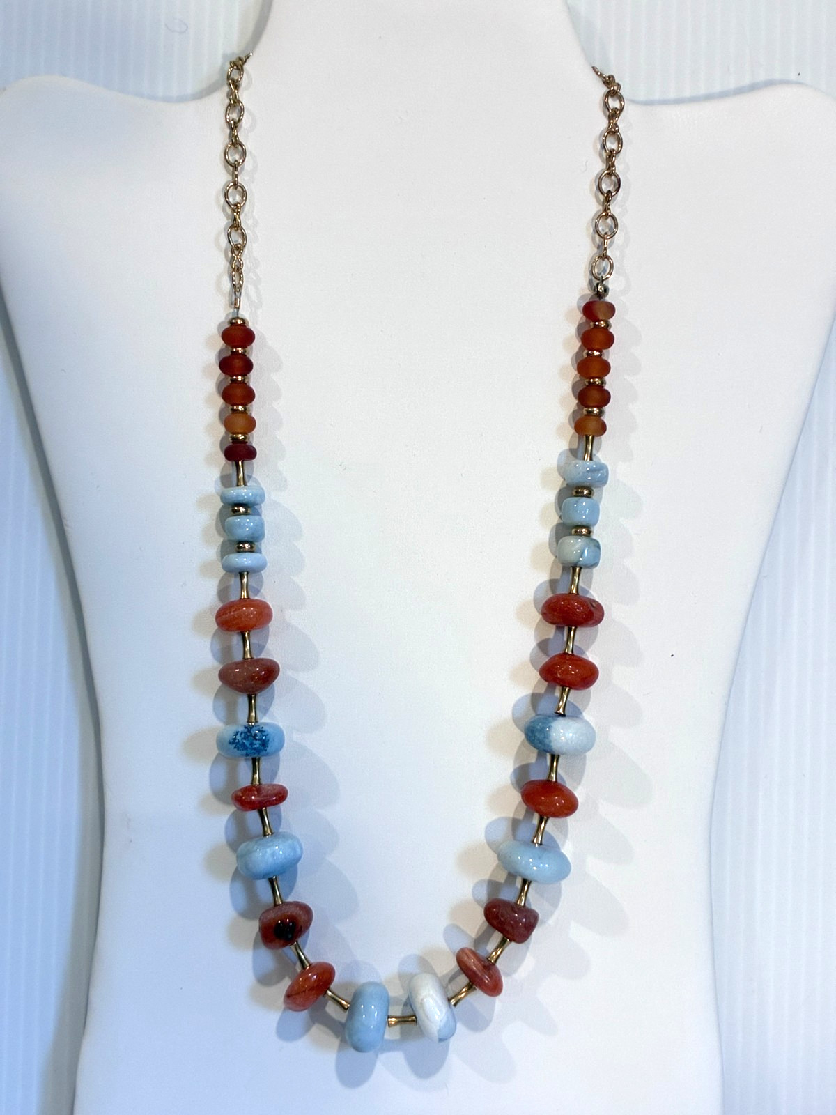 Boho Chunky Natural Gemstones -light blue, red/orange, brass, long 20″ – 24″