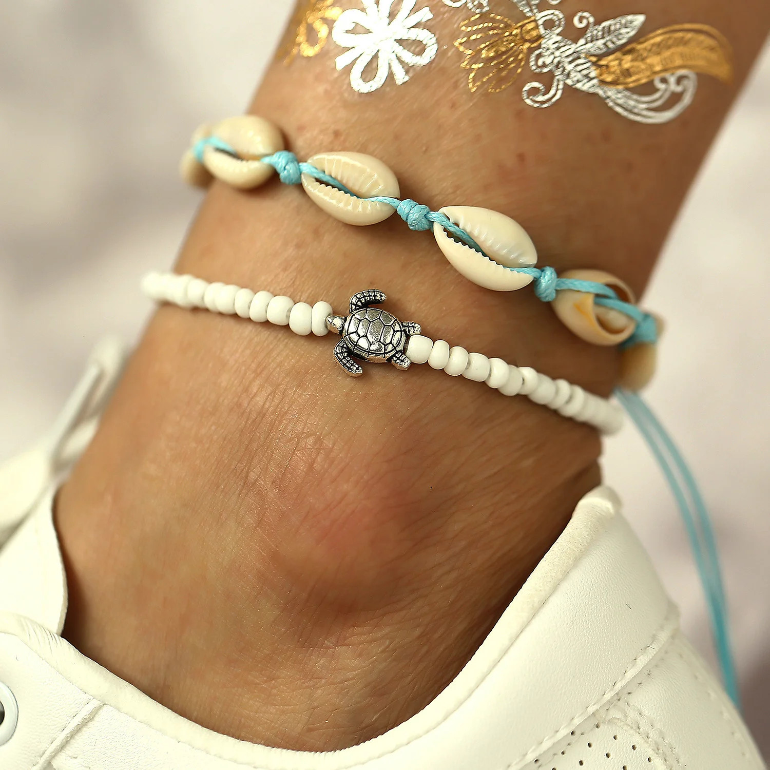 Summer Beach Boho Double Heart Anklets for Women Fashion Shell Starfish Ankle Br