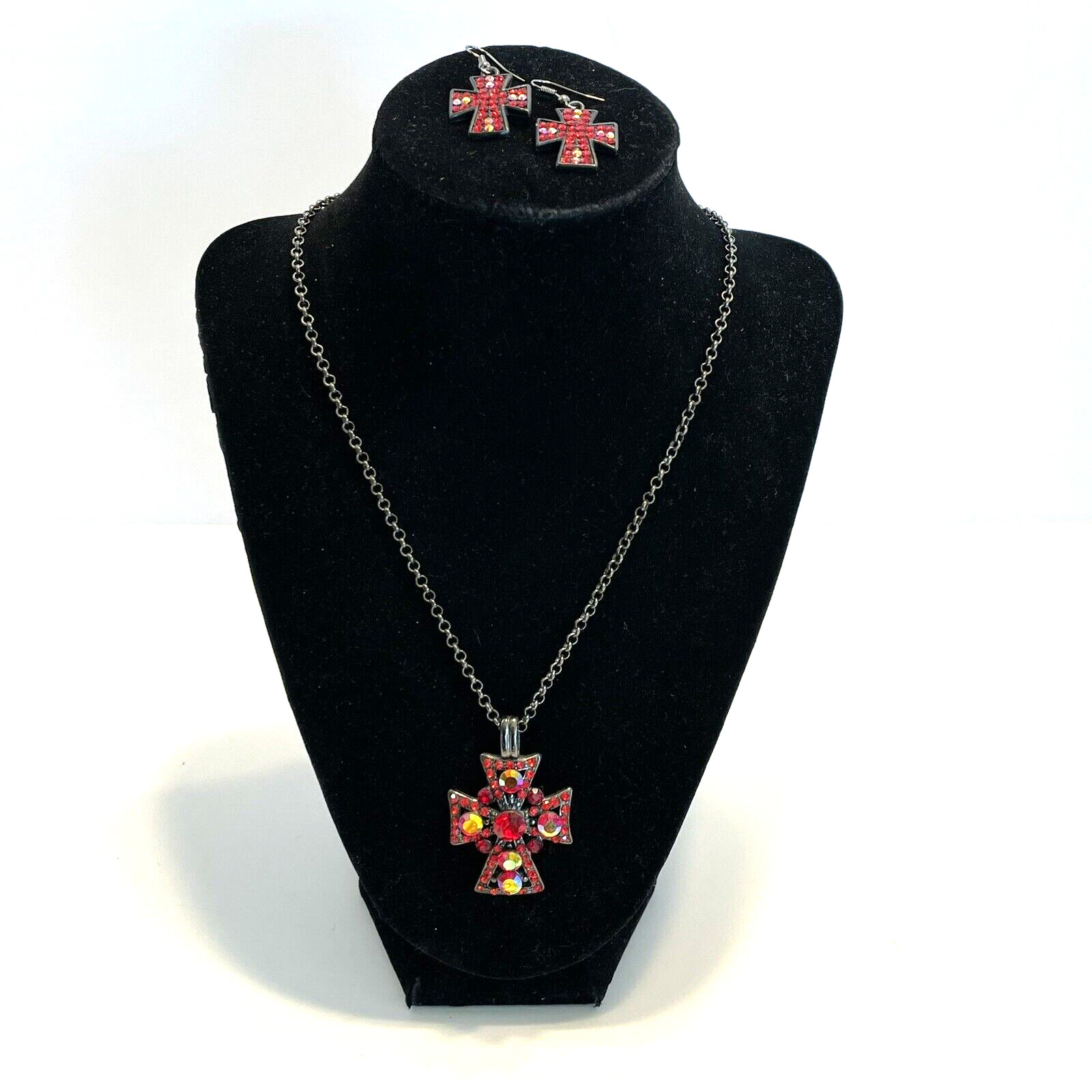 Cross Necklace and Dangle Earring Set Red Aurora Borealis Rhinestones