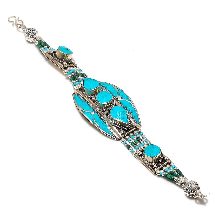 Turquoise Malachite Beads Bracelet Tibetan Bohemian Nepali Jewelry 7″ NBB 3375