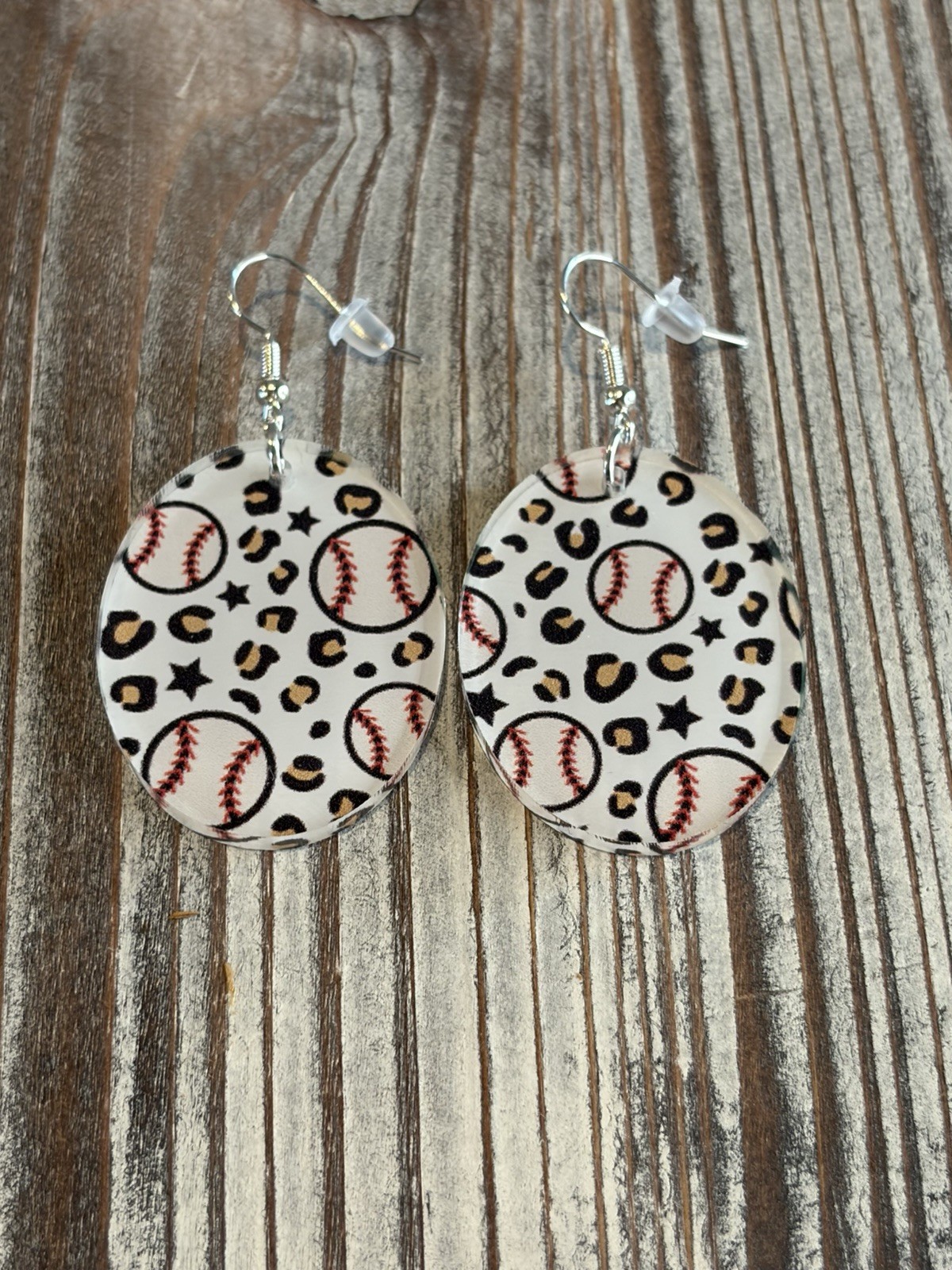Handmade Baseball And Leopard Print Acrylic Earrings