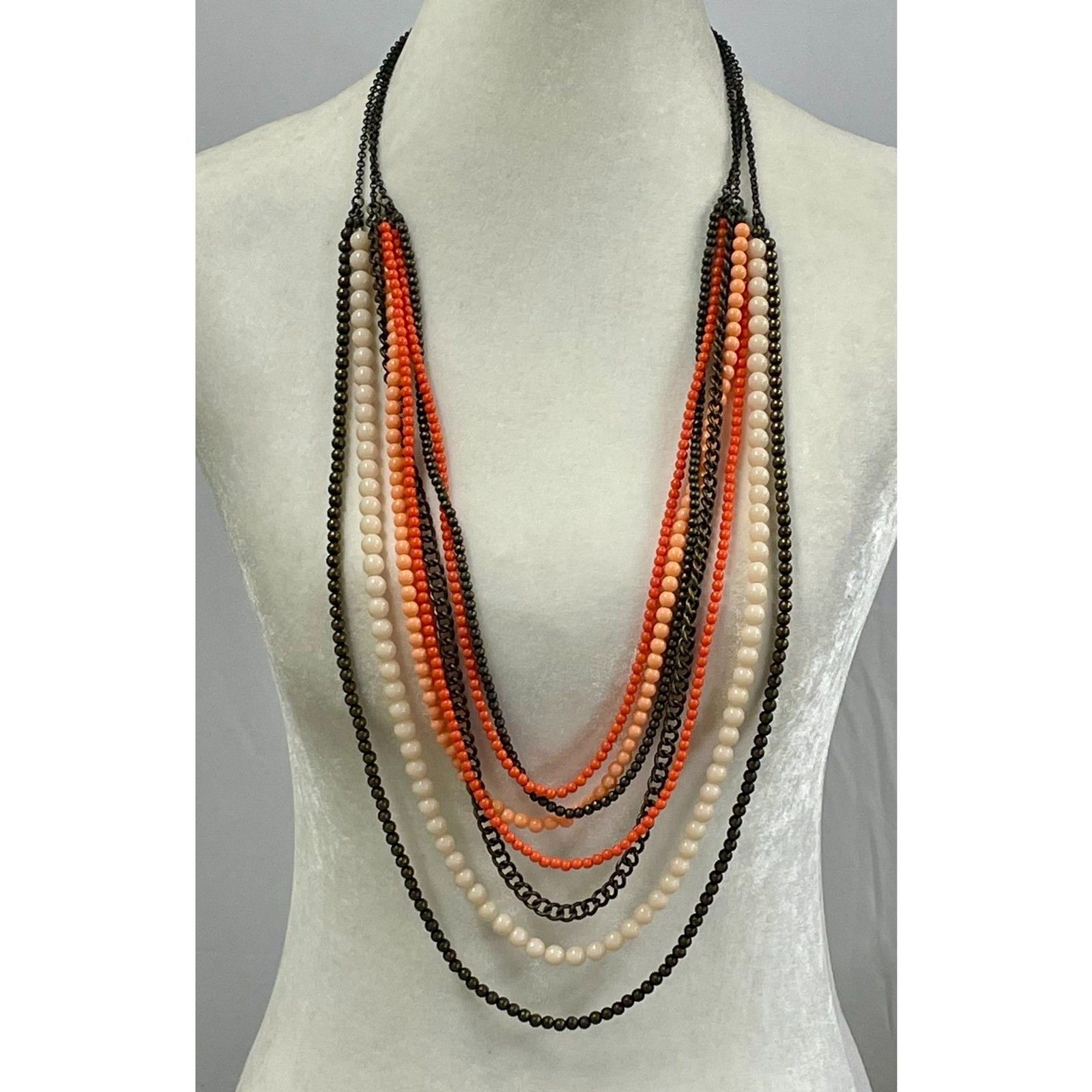 Multi Strand Beaded Necklace Coral Peach Cream Bronze Tone Statement 19″