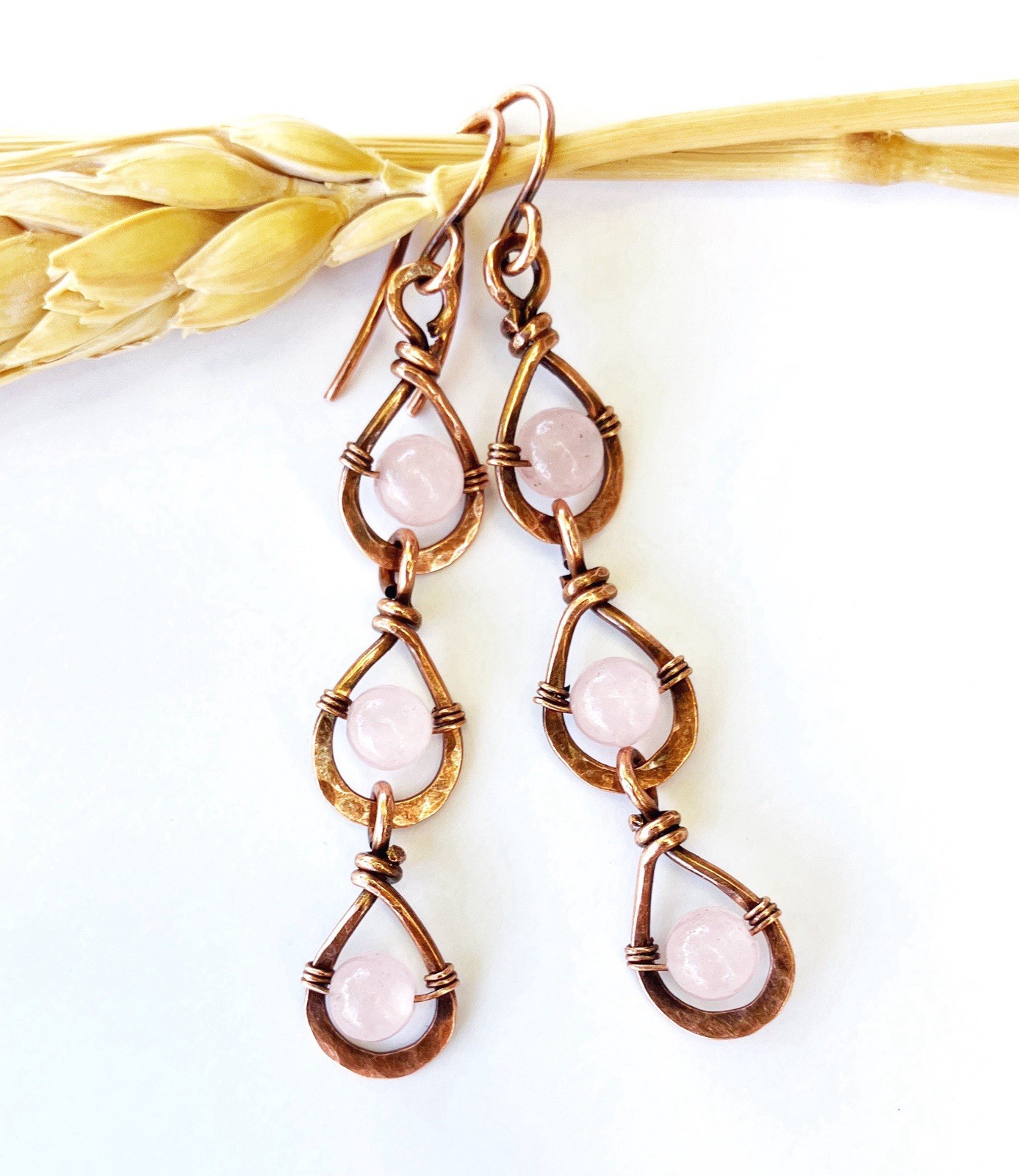 Wire Wrapped Teardrop Dangle Earrings Boho Pink Stones Rose Quartz Long Copper