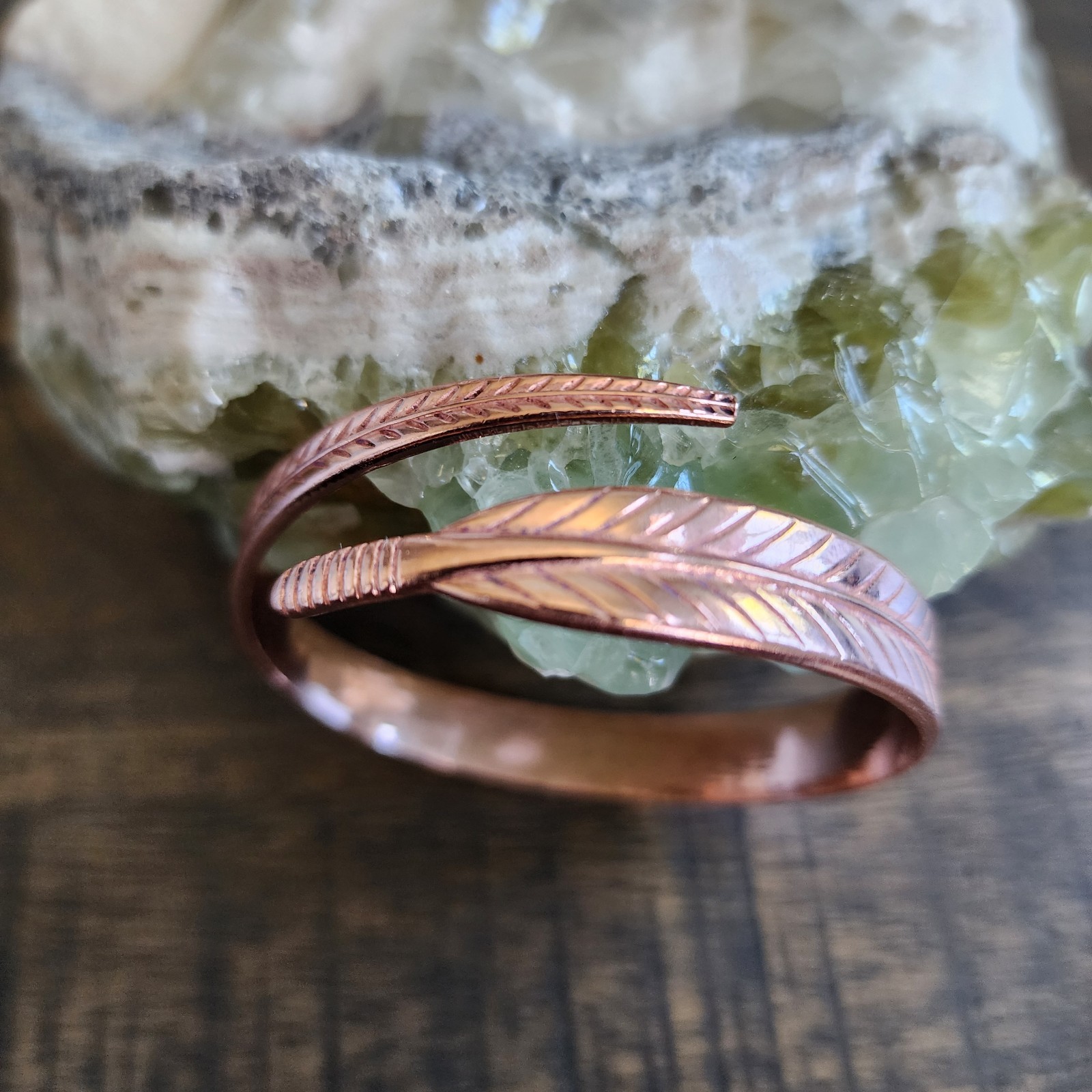 Pure Copper Feather Bracelet Bangle Adjustable 10 mm Wide 20g Open Cuff