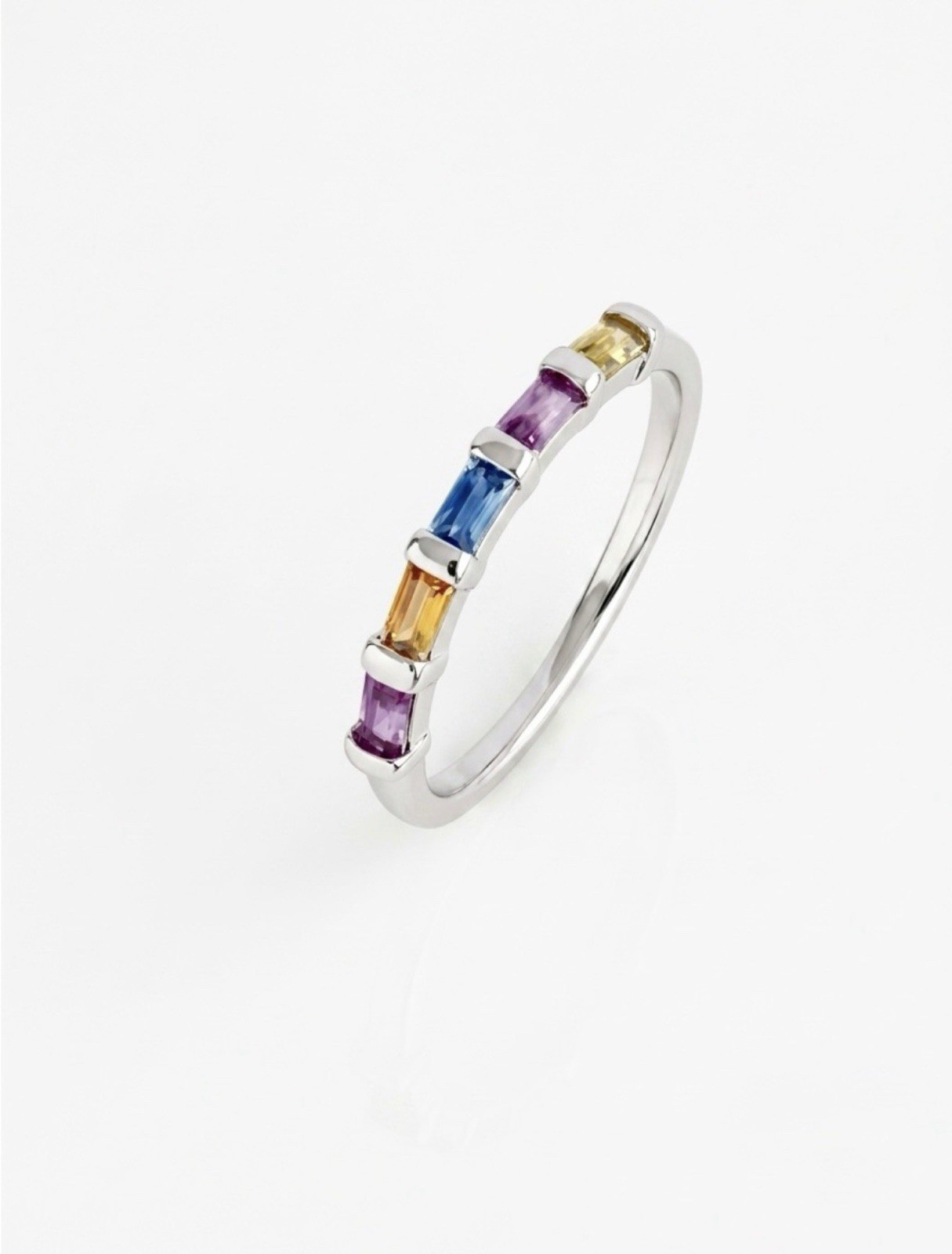 Platinum Plated Multicolor Baguette Crystal Ring | Silver Stackable Band Ring