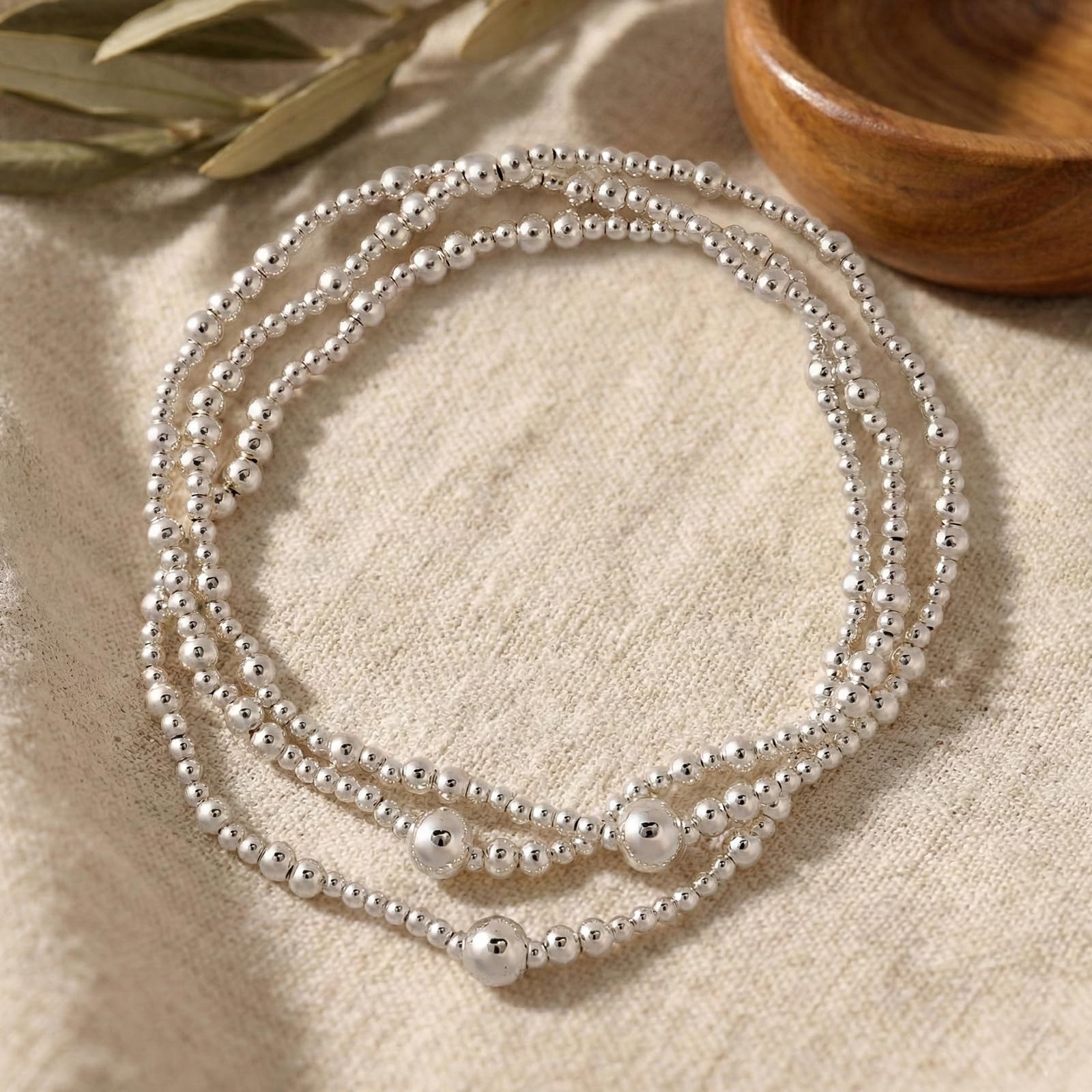 Silver Beaded Stretch Bracelet Set, 3PCS Stainless Steel Layered Jewelry for