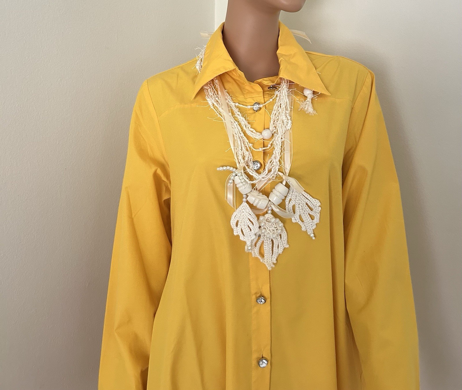 Ivory Layered Beaded Bib Charm Necklace Fabric Ribbon Bohemian Statement