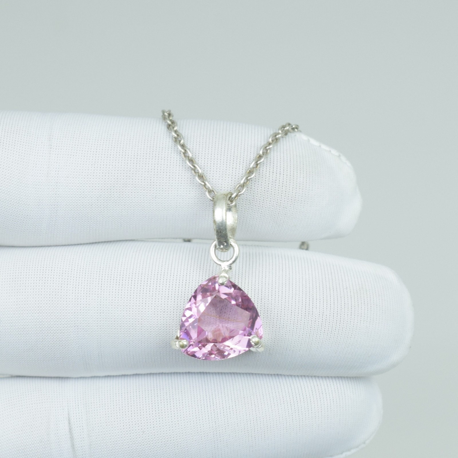 925 Solid Sterling Silver Pink Kunzite Necklace Jewelry, 16Ct Triangle Pendant,