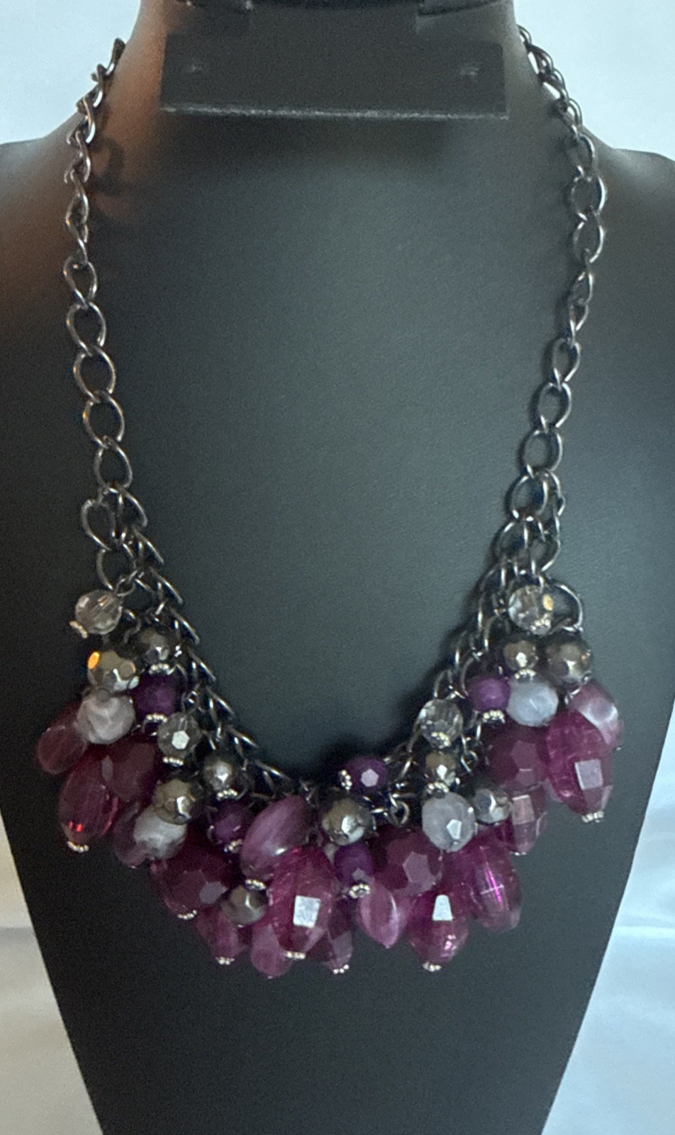 Purple & Black layered beaded bib necklace Gun Metal Chain Dark Gothic