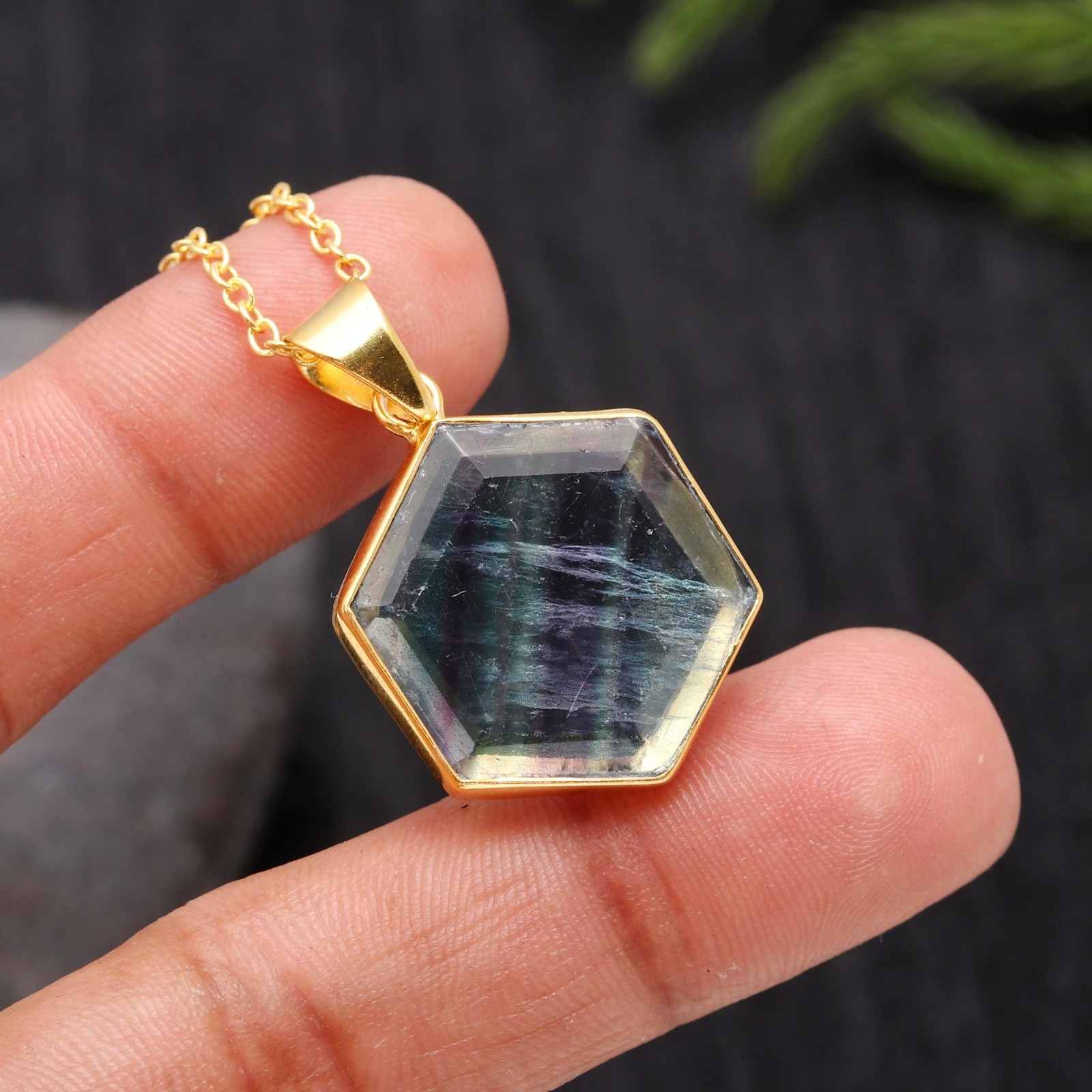 Natural Fluorite Hexagon Necklace Gold Plated Solid Silver Handmade Jewelry