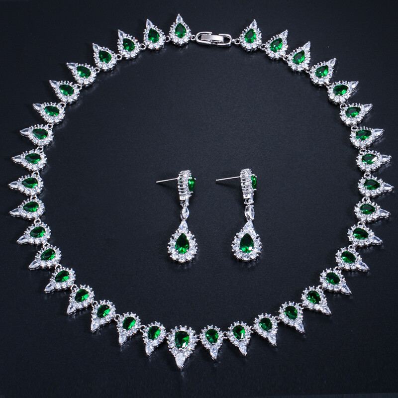 Yellow Topaz Cubic Zircon Round Choker Necklace Dangle Drop Earrings Jewelry Set