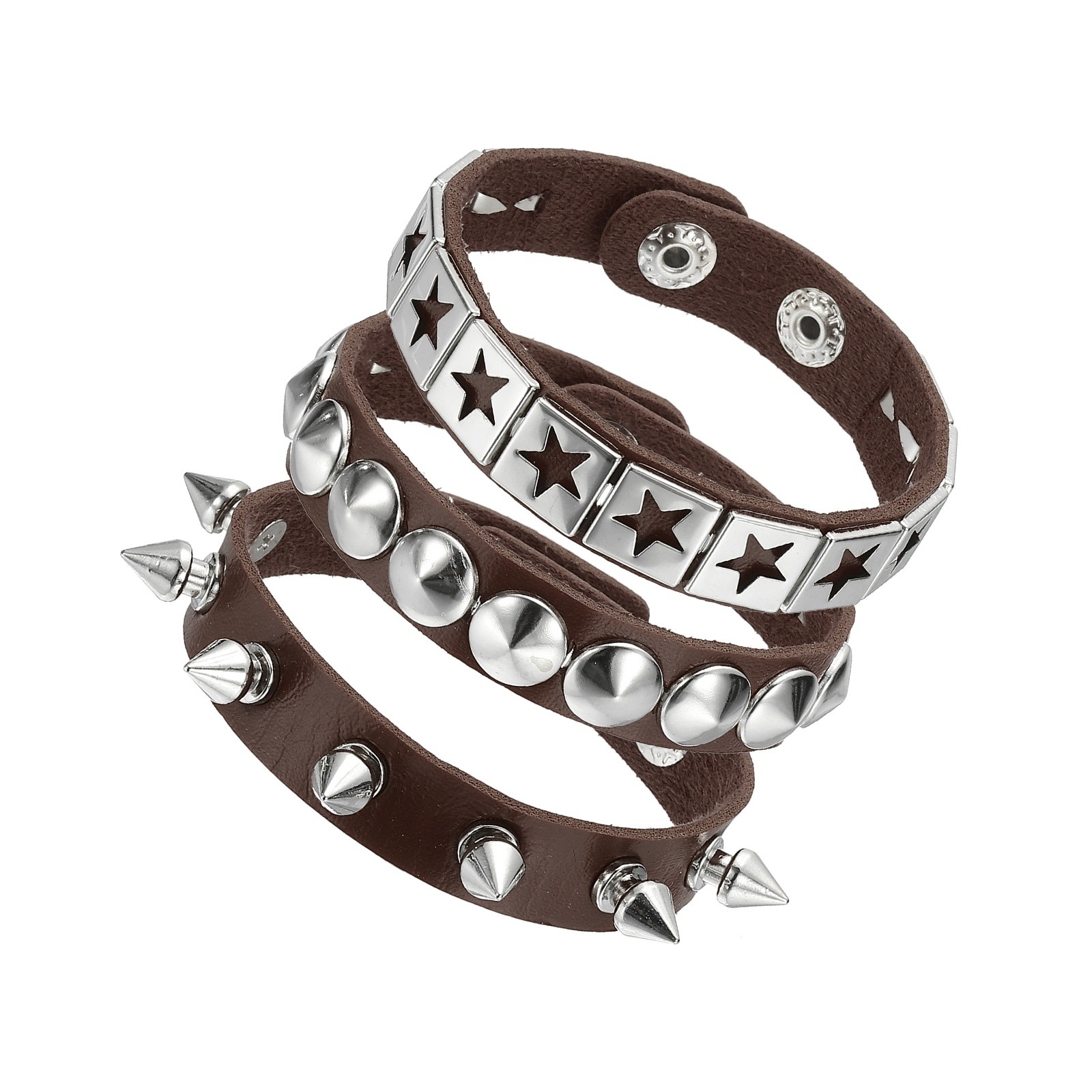 3x Coffee Brown Studded Leather Bracelet Set 22cm Adjustable Bracelets for Party