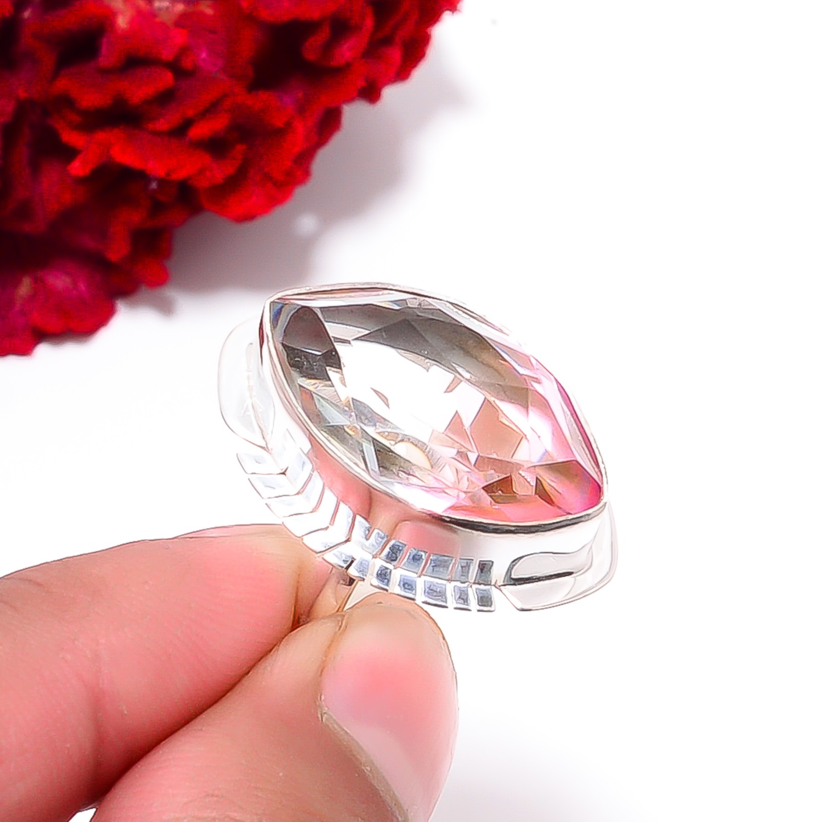 Pink Bi-Colour Tourmaline Gemstone 925 Sterling Silver Ring S.7 R98159