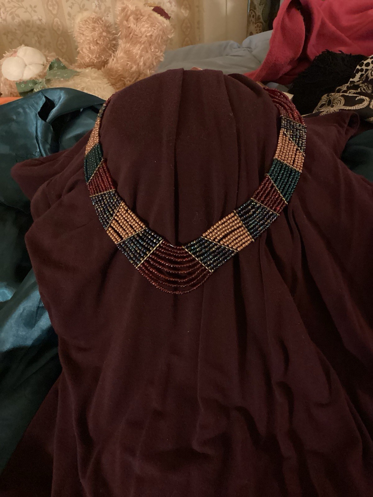 Versatile Statement Necklace Burgundy Gold Teal Iridescent Glass Bead Cleopatra