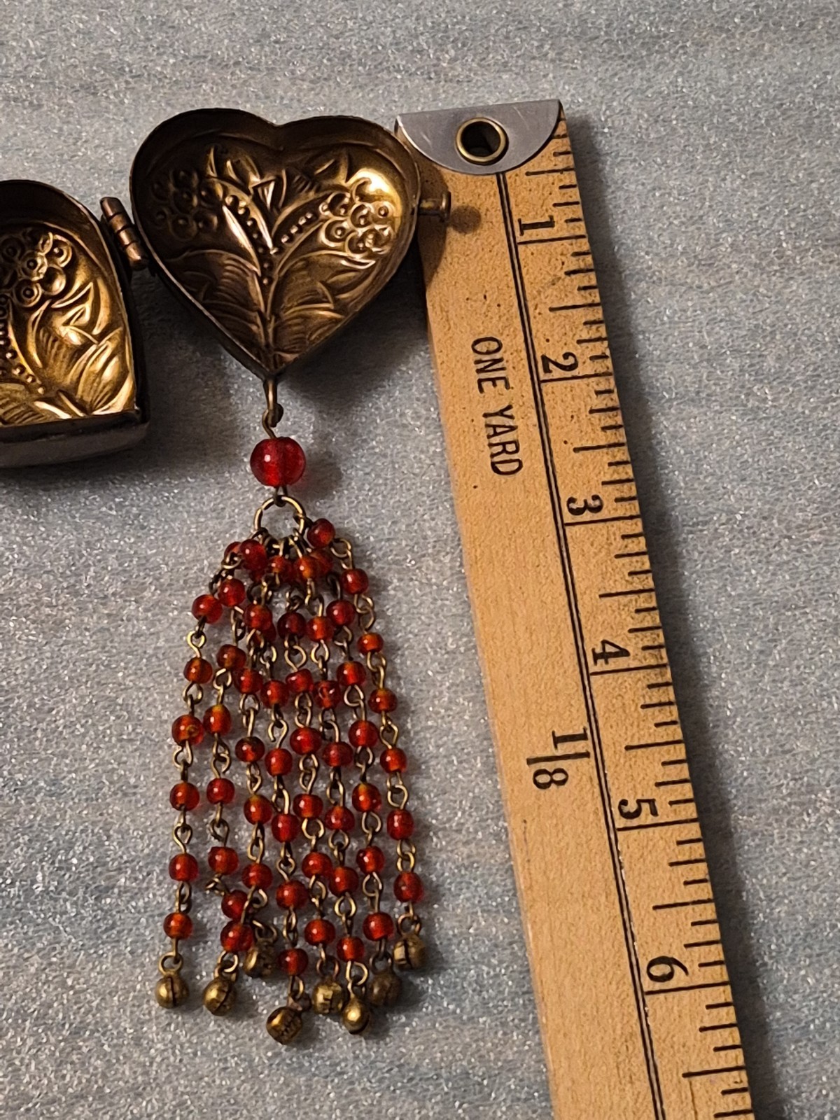Vtg Brass 6″ Hanging Heart LOCKET with 3″ Beaded Tassel Beautiful!