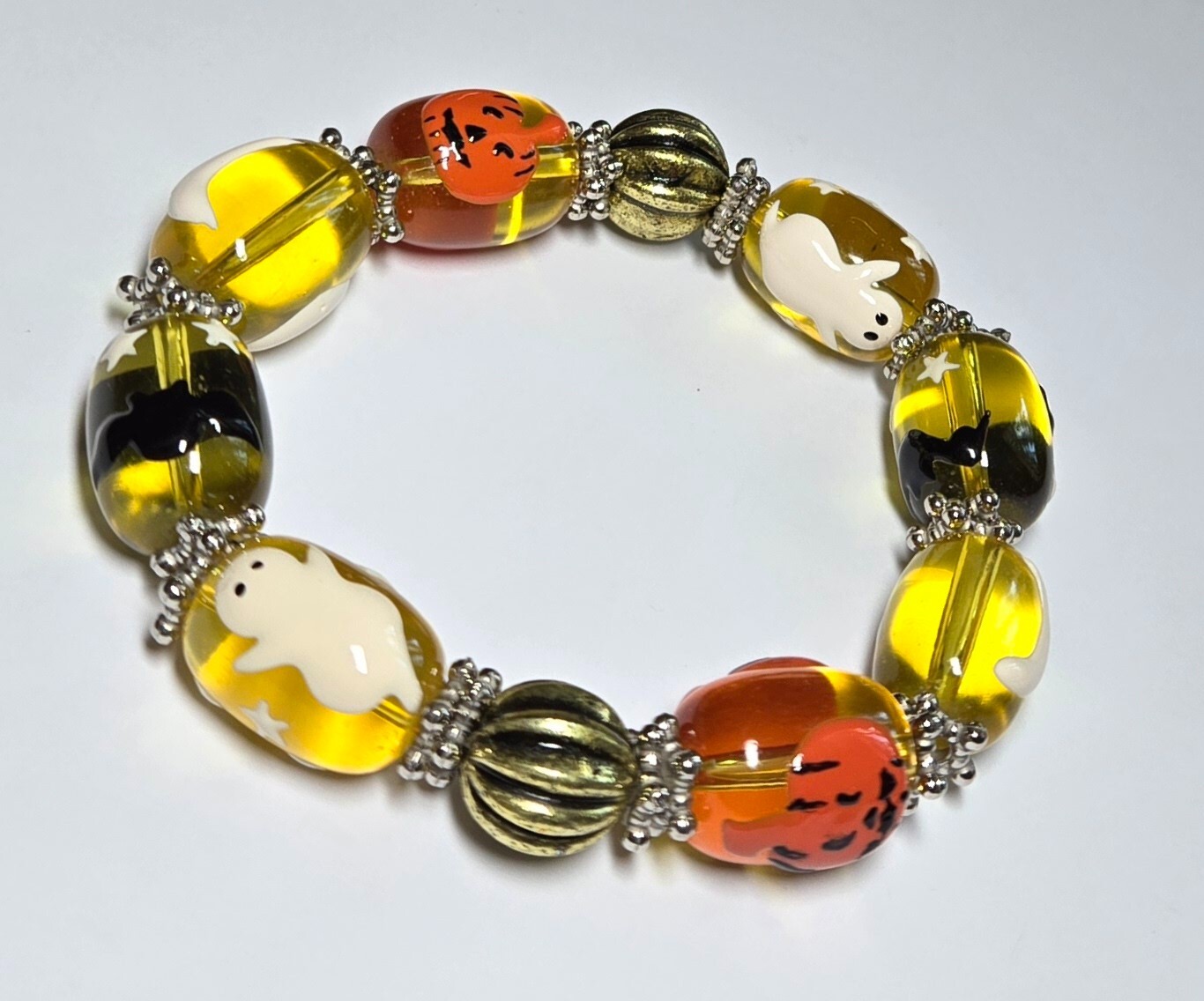 Halloween Bracelet Ghost Bat Dark Night Yellow Glass Beaded Stretch Woman