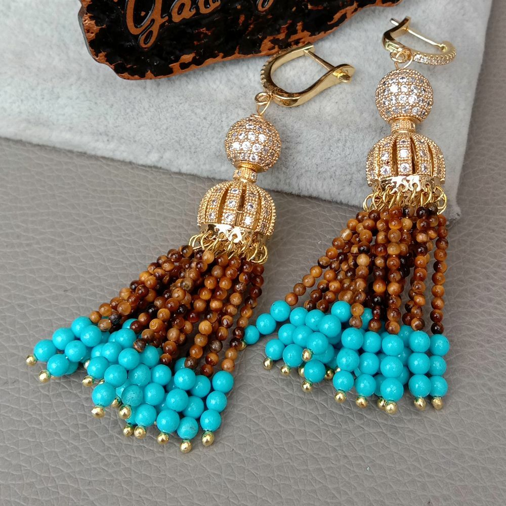 yellow Tiger Eye Blue Turquoise Cz pave Cap Leverback Earrings