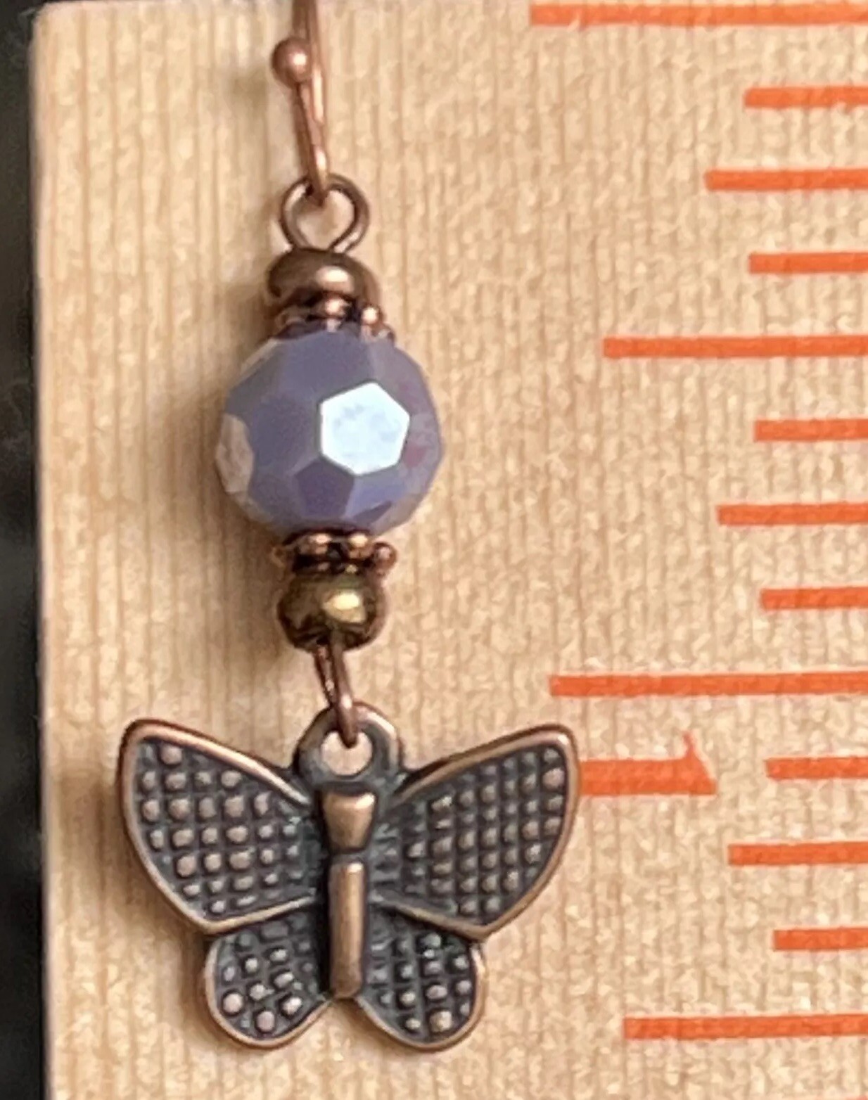Purple Crystal Beads with Etched Copper Butterfly Dangle Earrings. Boho Chic