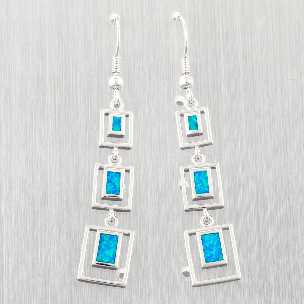 3 Rectangle Shape Ocean Blue Fire Opal Silver Jewelry Dangle Drop Earrings