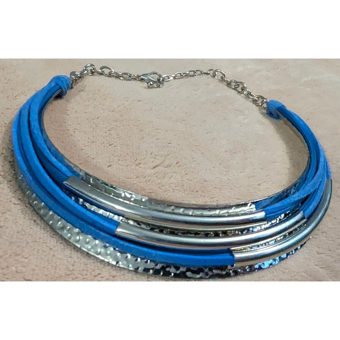 New Silvertone Blue Necklace Lobster Clasp W/ extender