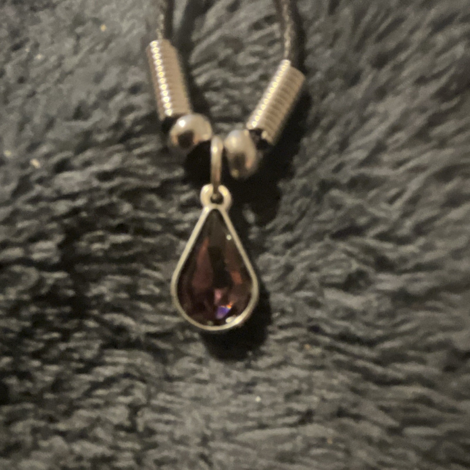 Purple Teardrop Crystal Bezel Set Charm Pendant Necklace Black Cord Silver Tone