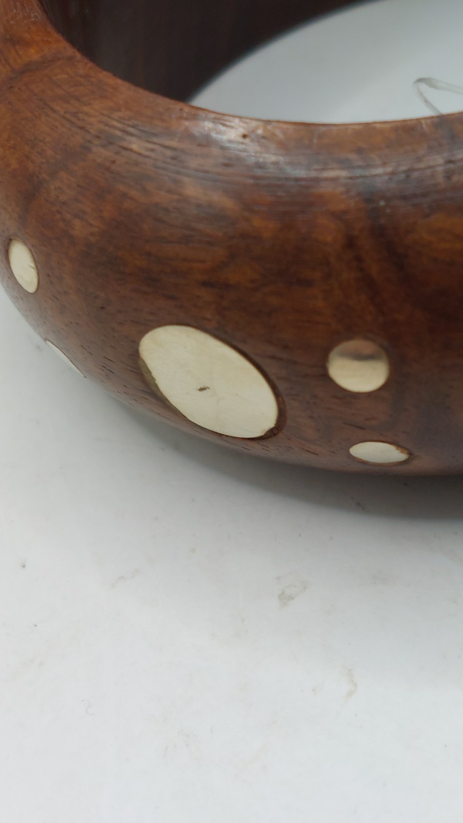 Rounded Wood Bracelet Beautiful Grain Metal Inlay Dots
